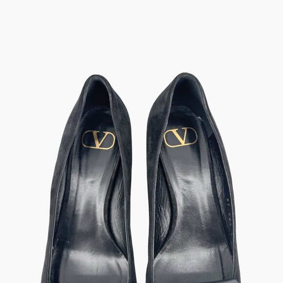 Valentino VLogo Black Suede Leather Block Heel Pumps Shoes Size 38.5 US 8.5 - Picture 4 of 15